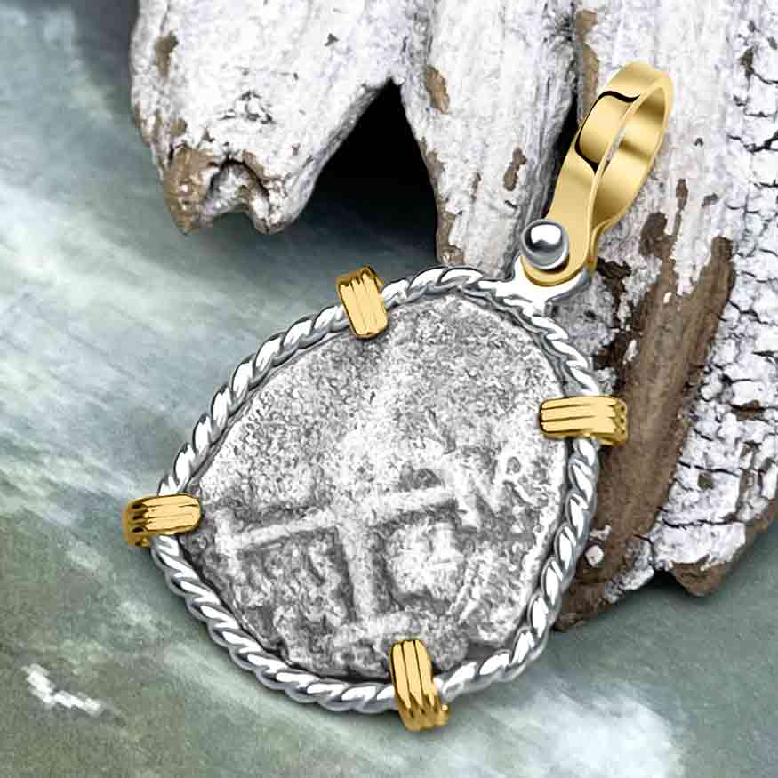 Dated 1715 Fleet Golden Age of Piracy Shipwreck Spanish 1 Reale &quot;Piece of 8&quot; 14K Gold and Sterling Silver Pendant 