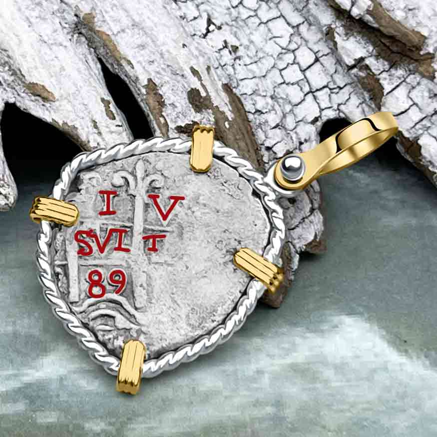 Dated 1715 Fleet Golden Age of Piracy Shipwreck Spanish 1 Reale &quot;Piece of 8&quot; 14K Gold and Sterling Silver Pendant 