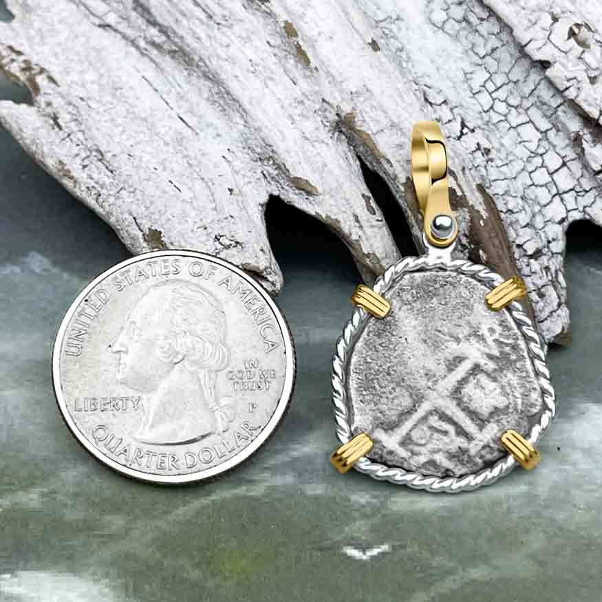 Dated 1715 Fleet Golden Age of Piracy Shipwreck Spanish 1 Reale &quot;Piece of 8&quot; 14K Gold and Sterling Silver Pendant 