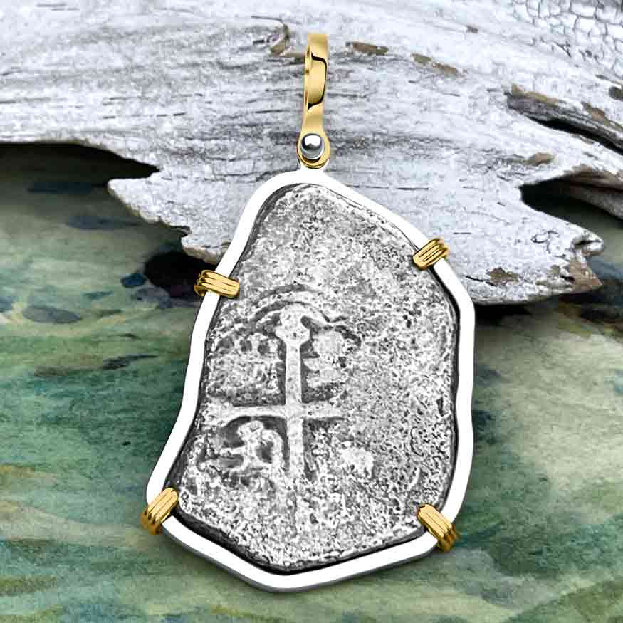 1715 Fleet Golden Age of Piracy Shipwreck Spanish 8 Reale &quot;Piece of 8&quot; 14K Gold and Sterling Silver Pendant