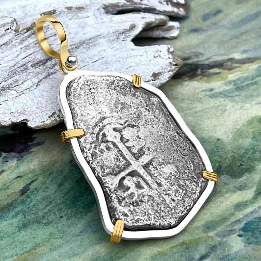 1715 Fleet Golden Age of Piracy Shipwreck Spanish 8 Reale &quot;Piece of 8&quot; 14K Gold and Sterling Silver Pendant