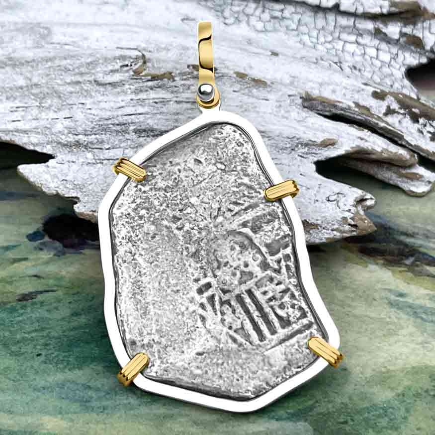 1715 Fleet Golden Age of Piracy Shipwreck Spanish 8 Reale &quot;Piece of 8&quot; 14K Gold and Sterling Silver Pendant