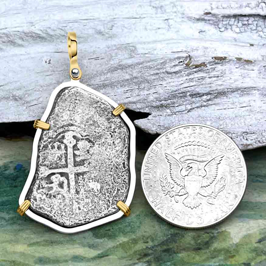 1715 Fleet Golden Age of Piracy Shipwreck Spanish 8 Reale &quot;Piece of 8&quot; 14K Gold and Sterling Silver Pendant