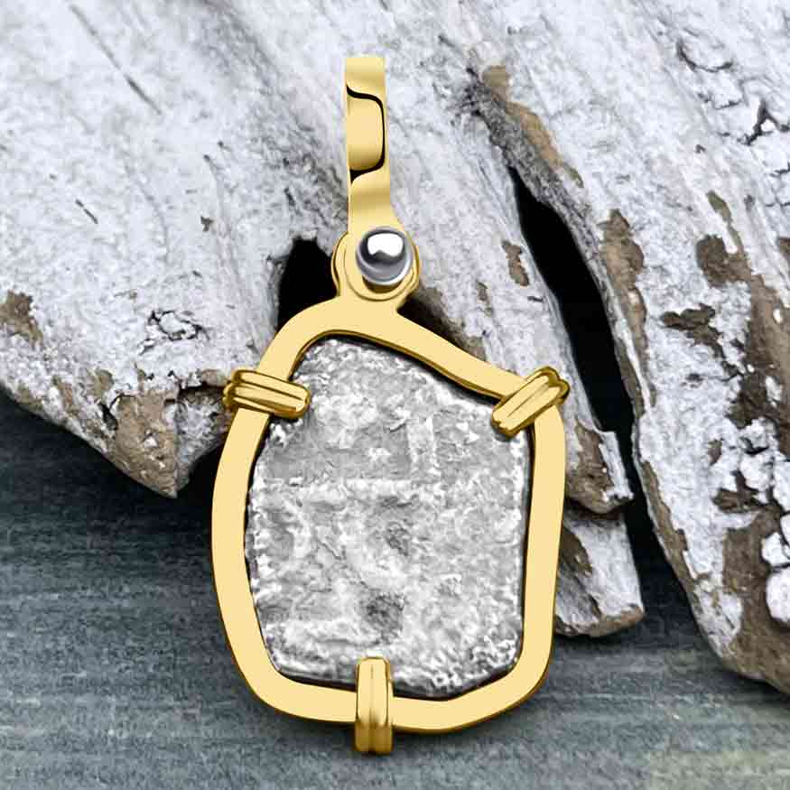 1715 Fleet Shipwreck Golden Age of Piracy Spanish 1/2 Reale &quot;Piece of 8&quot; 14K Gold Pendant