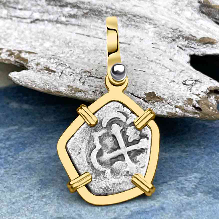 1715 Fleet Shipwreck Golden Age of Piracy Spanish 1/2 Reale &quot;Piece of 8&quot; 14K Gold Pendant