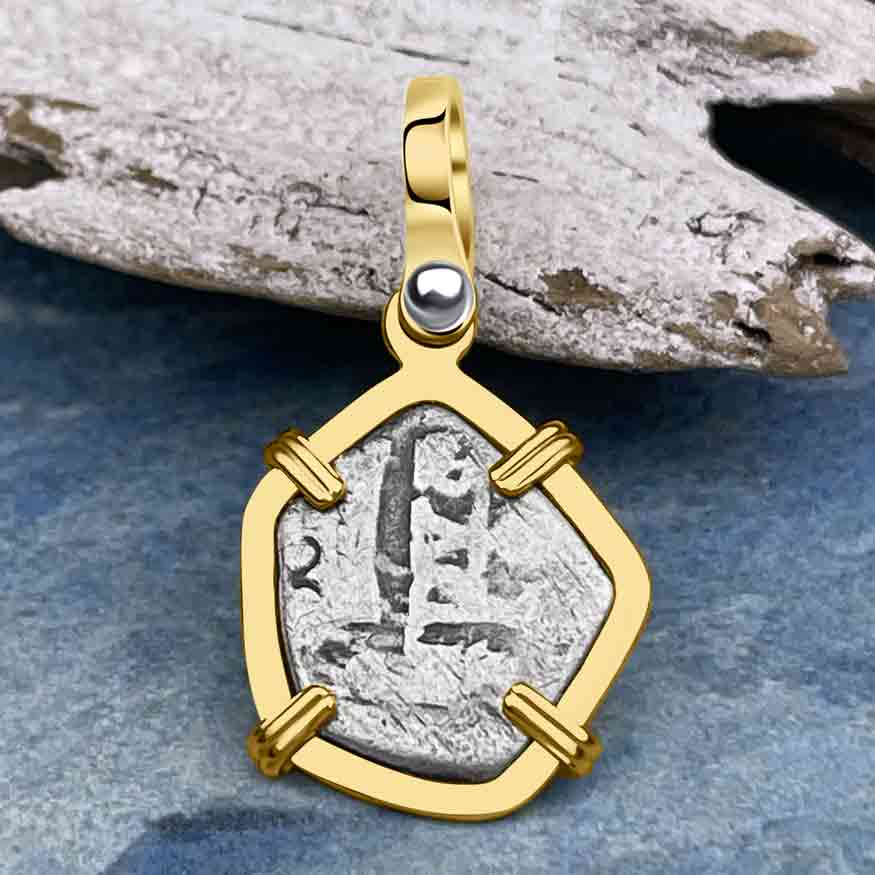 1715 Fleet Shipwreck Golden Age of Piracy Spanish 1/2 Reale &quot;Piece of 8&quot; 14K Gold Pendant