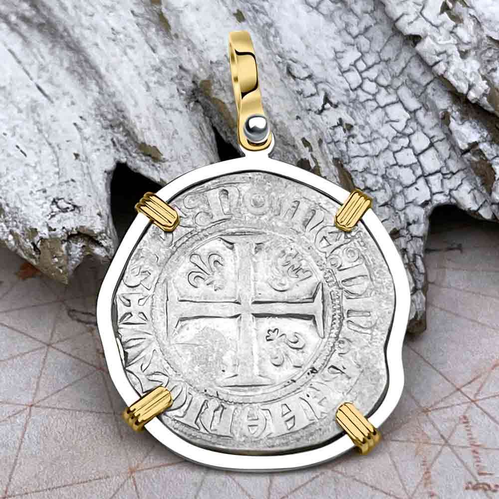 Medieval France circa 1390 Silver Blanc Guenar Crusader Cross Coin 14K Gold &amp; Sterling Silver Pendant