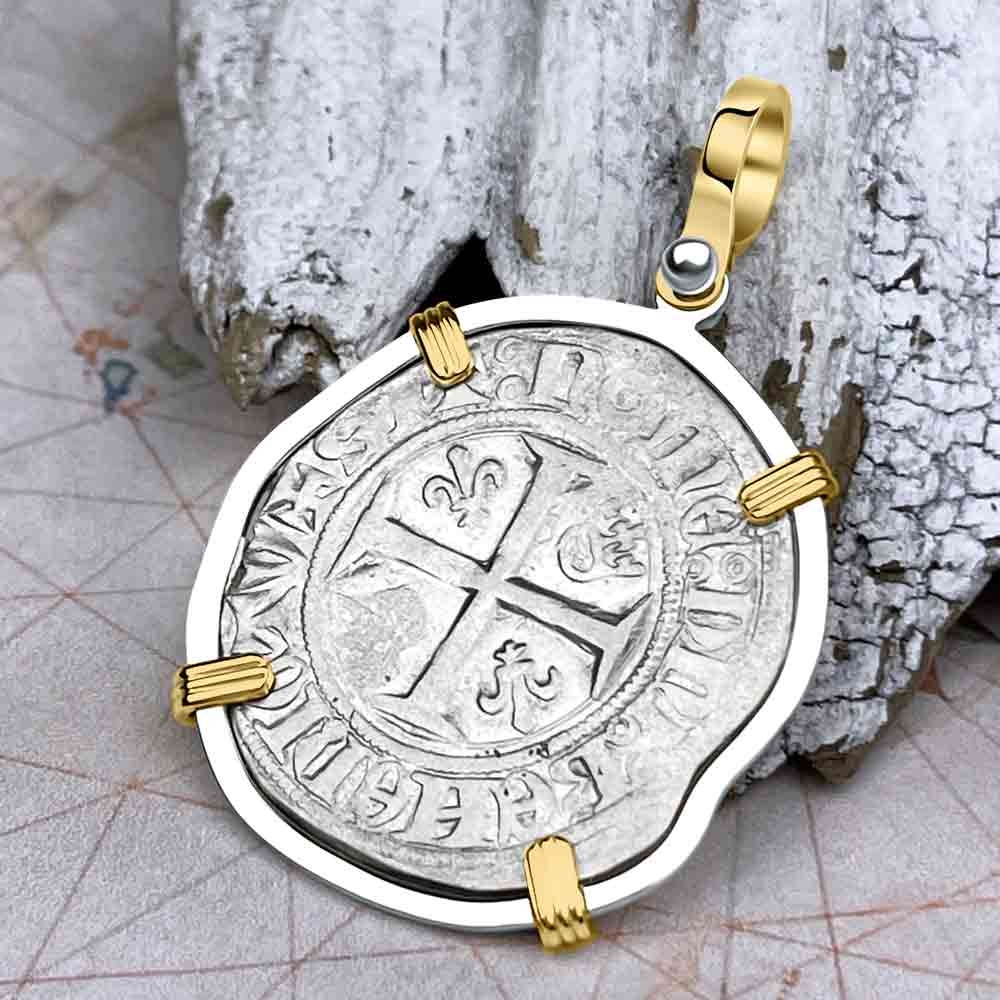 Medieval France circa 1390 Silver Blanc Guenar Crusader Cross Coin 14K Gold &amp; Sterling Silver Pendant