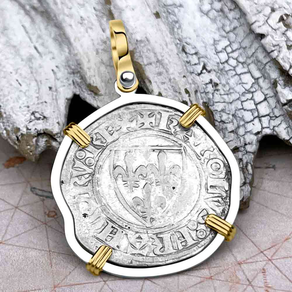 Medieval France circa 1390 Silver Blanc Guenar Crusader Cross Coin 14K Gold &amp; Sterling Silver Pendant