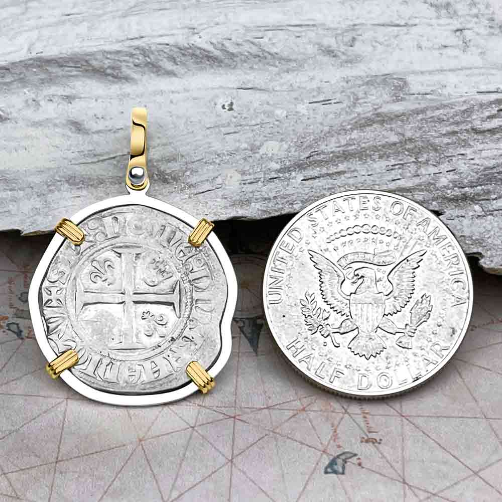 Medieval France circa 1390 Silver Blanc Guenar Crusader Cross Coin 14K Gold &amp; Sterling Silver Pendant