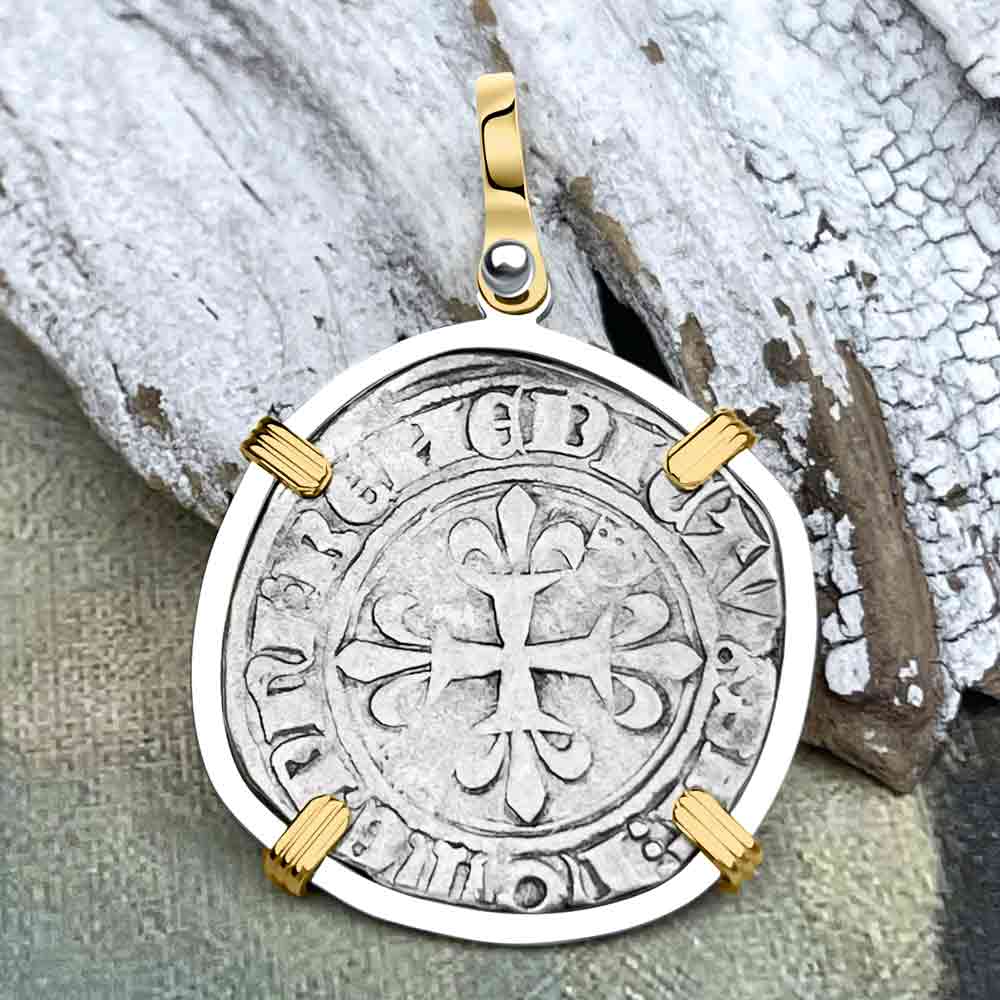 Medieval France circa 1417 Gros Florette Silver Cross Coin 14K Gold &amp; Sterling Silver Pendant