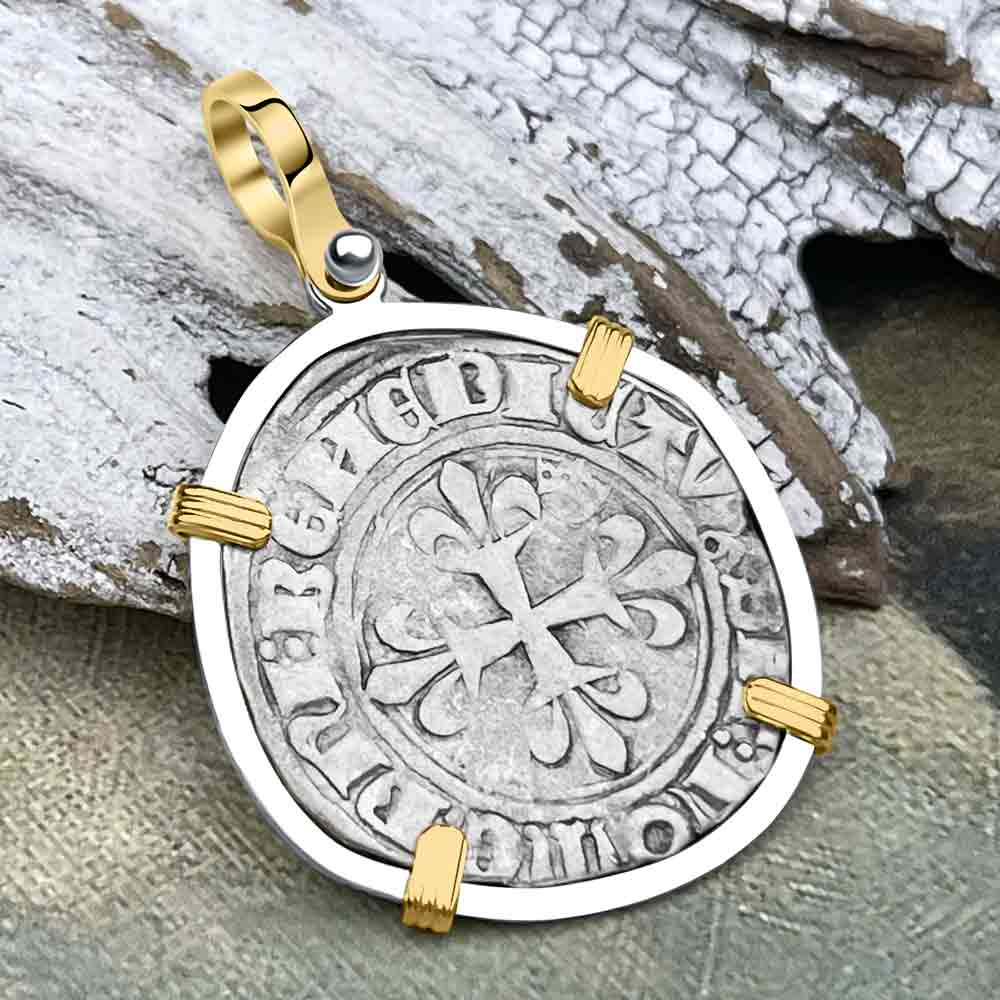 Medieval France circa 1417 Gros Florette Silver Cross Coin 14K Gold &amp; Sterling Silver Pendant