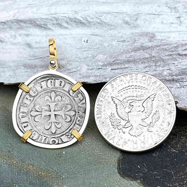 Medieval France circa 1417 Gros Florette Silver Cross Coin 14K Gold & Sterling Silver Pendant