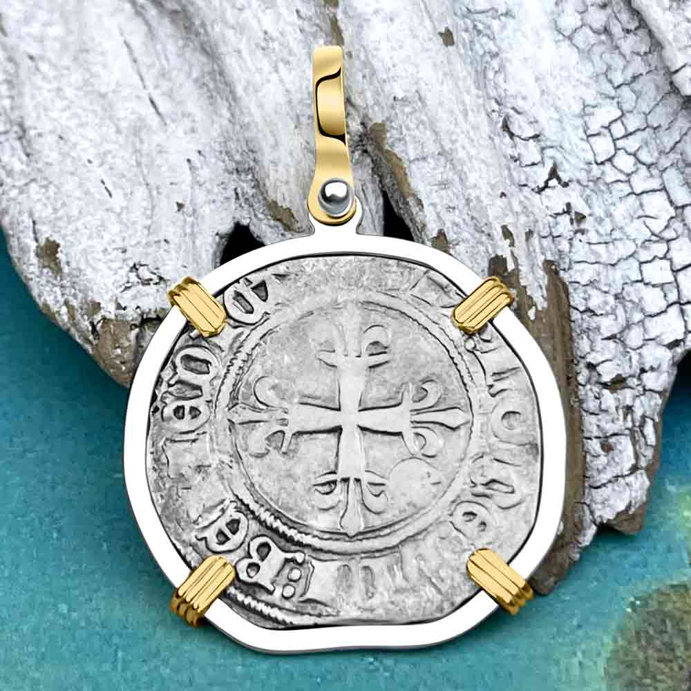 Medieval France circa 1417 Gros Florette Silver Cross Coin 14K Gold &amp; Sterling Silver Pendant