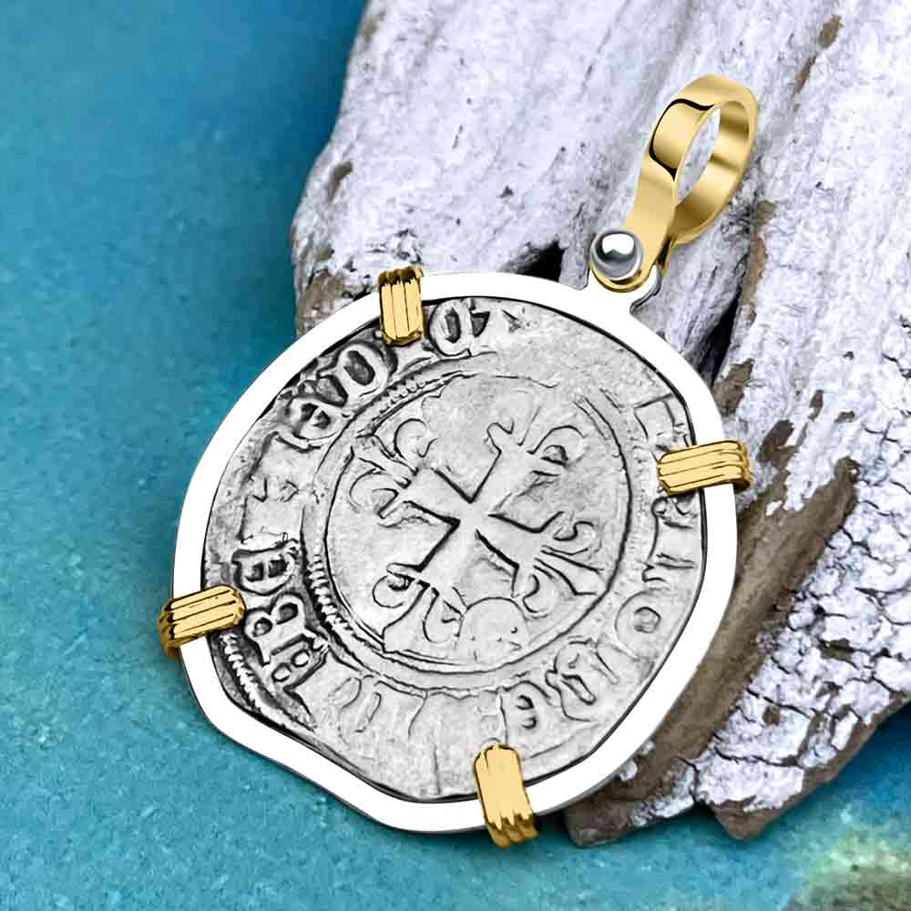 Medieval France circa 1417 Gros Florette Silver Cross Coin 14K Gold &amp; Sterling Silver Pendant