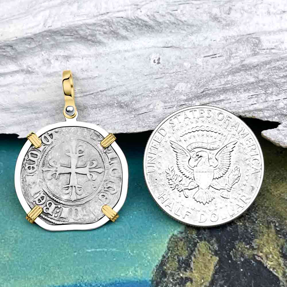 Medieval France circa 1417 Gros Florette Silver Cross Coin 14K Gold &amp; Sterling Silver Pendant