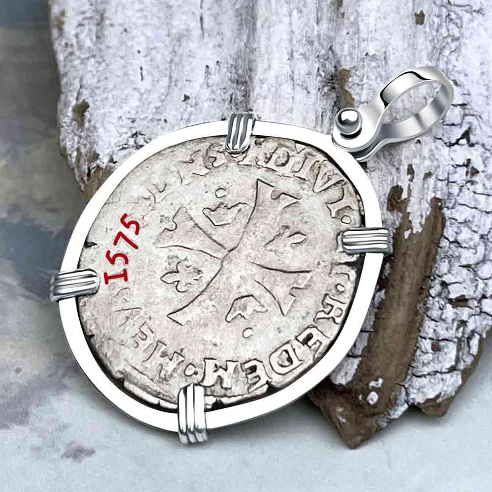 Medieval France 1575 Silver Douzain Crusader Cross Coin Sterling Silver Pendant