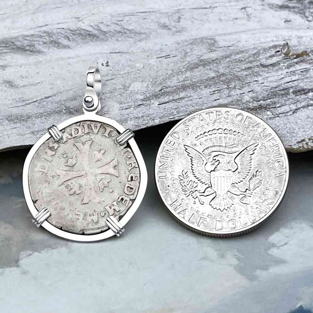 Medieval France 1575 Silver Douzain Crusader Cross Coin Sterling Silver Pendant