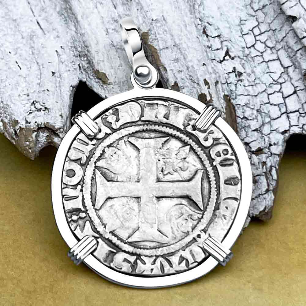 Medieval France circa 1390 Silver Blanc Guenar Crusader Cross Coin Sterling Silver Pendant