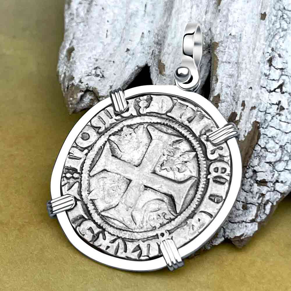 Medieval France circa 1390 Silver Blanc Guenar Crusader Cross Coin Sterling Silver Pendant