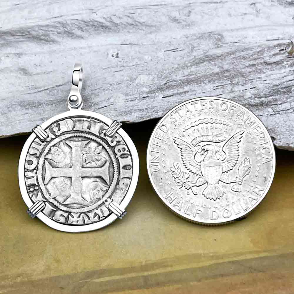 Medieval France circa 1390 Silver Blanc Guenar Crusader Cross Coin Sterling Silver Pendant