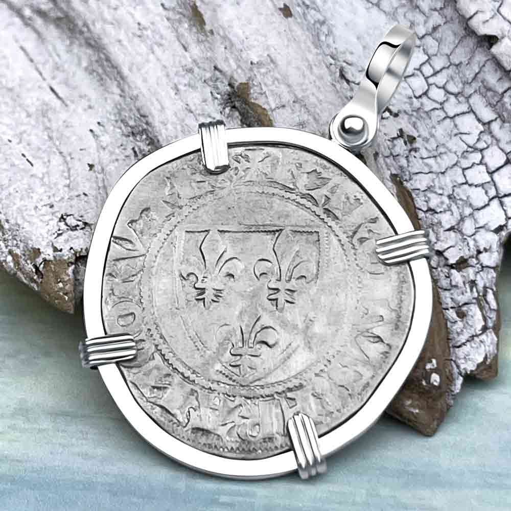 Medieval France circa 1390 Silver Blanc Guenar Crusader Cross Coin Sterling Silver Pendant