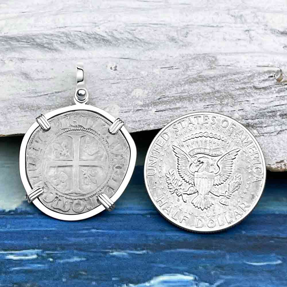 Medieval France circa 1390 Silver Blanc Guenar Crusader Cross Coin Sterling Silver Pendant