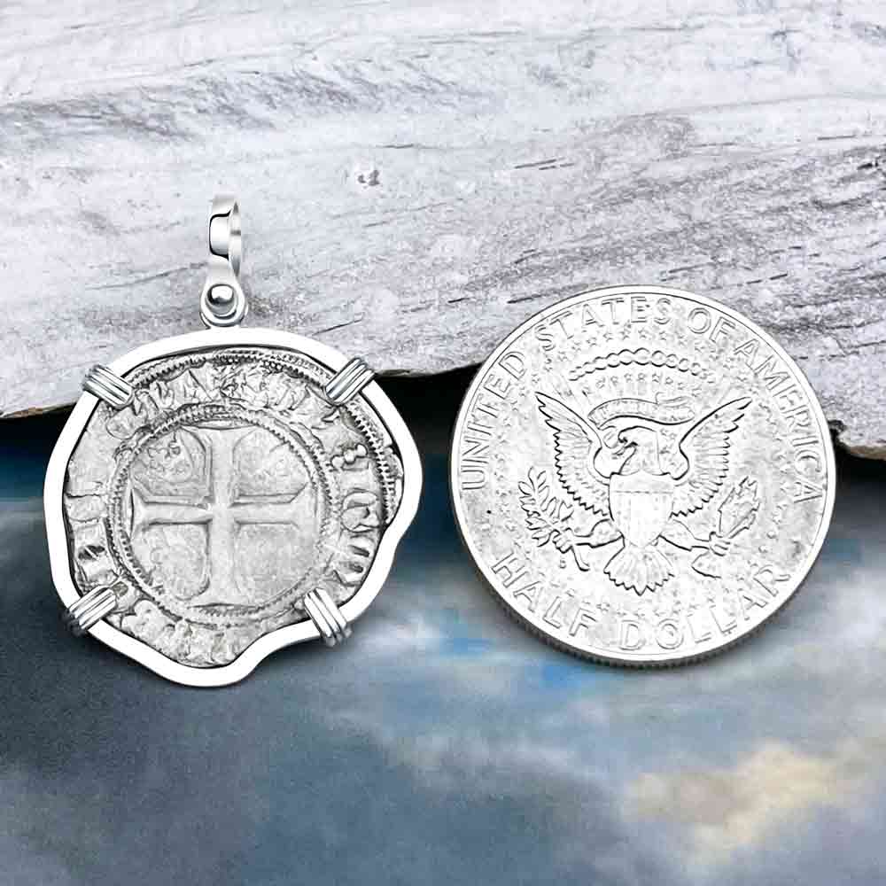 Medieval France circa 1390 Silver Blanc Guenar Crusader Cross Coin Sterling Silver Pendant
