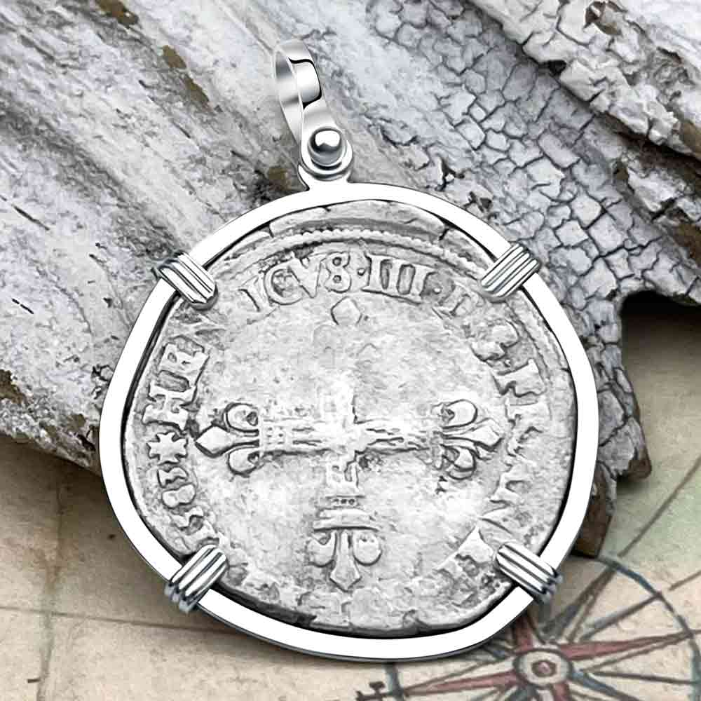 Medieval France 1583 Silver 1/4 Ecu Crusader Cross Coin Sterling Silver Pendant