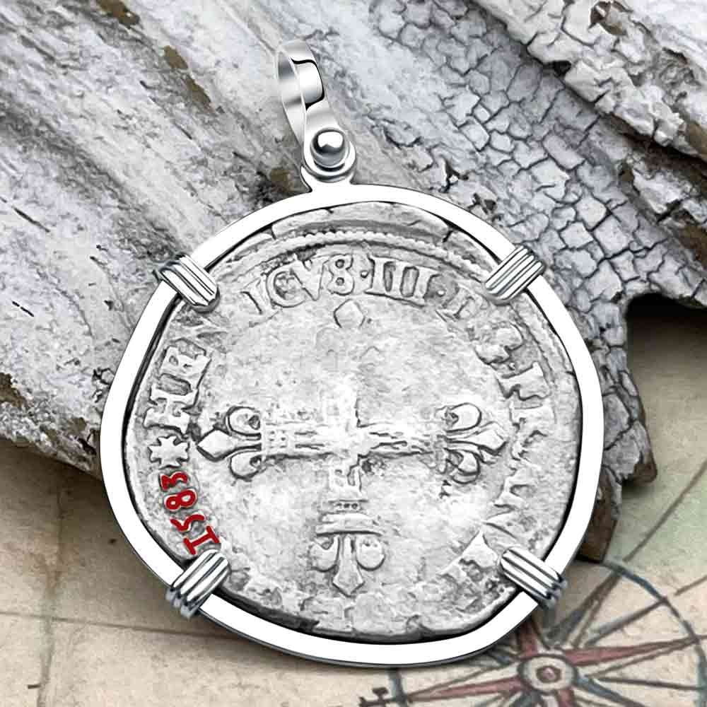 Medieval France 1583 Silver 1/4 Ecu Crusader Cross Coin Sterling Silver Pendant