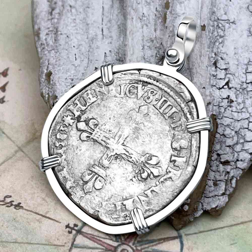 Medieval France 1583 Silver 1/4 Ecu Crusader Cross Coin Sterling Silver Pendant