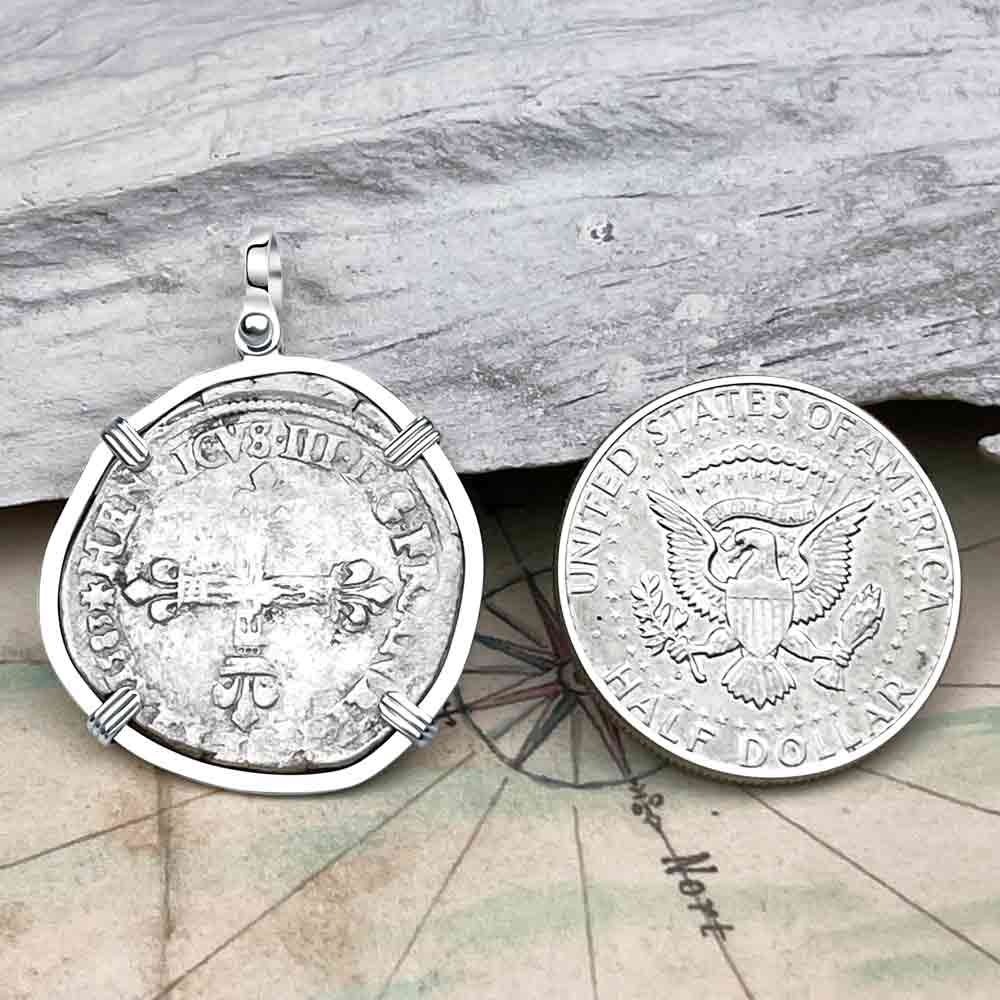 Medieval France 1583 Silver 1/4 Ecu Crusader Cross Coin Sterling Silver Pendant