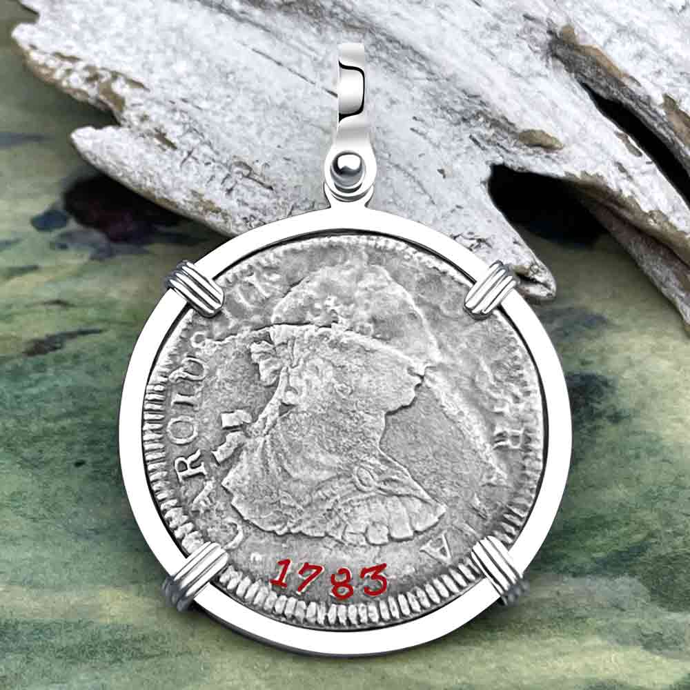 El Cazador Shipwreck 1783 Two Reale &quot;Piece of 8&quot; Silver Treasure Coin Sterling Silver Pendant