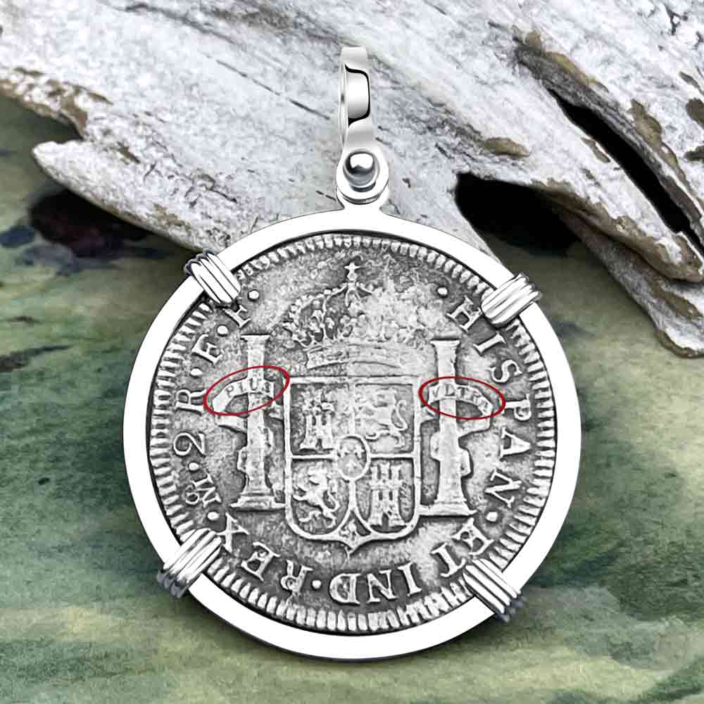 El Cazador Shipwreck 1783 Two Reale &quot;Piece of 8&quot; Silver Treasure Coin Sterling Silver Pendant