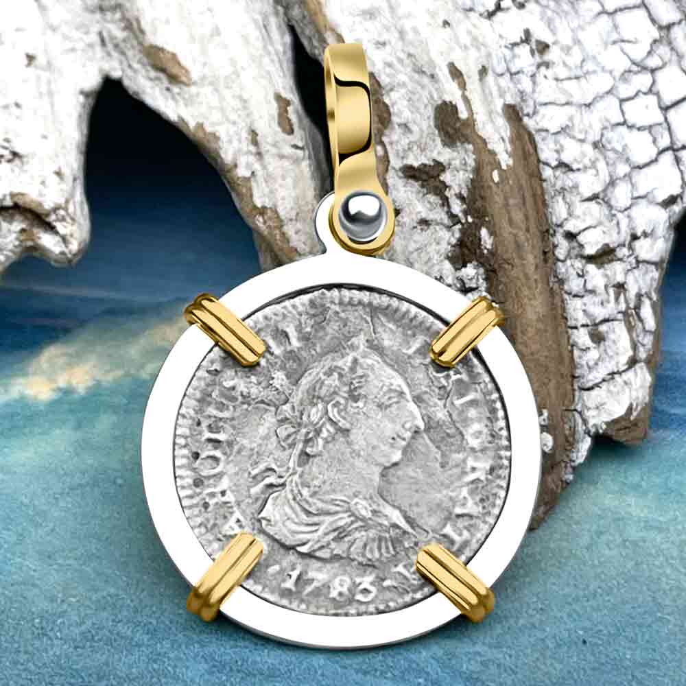 El Cazador Shipwreck 1783 1/2 Reale 14K Gold &amp; Sterling Silver Treasure Coin Pendant