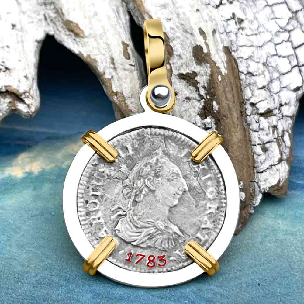 El Cazador Shipwreck 1783 1/2 Reale 14K Gold &amp; Sterling Silver Treasure Coin Pendant