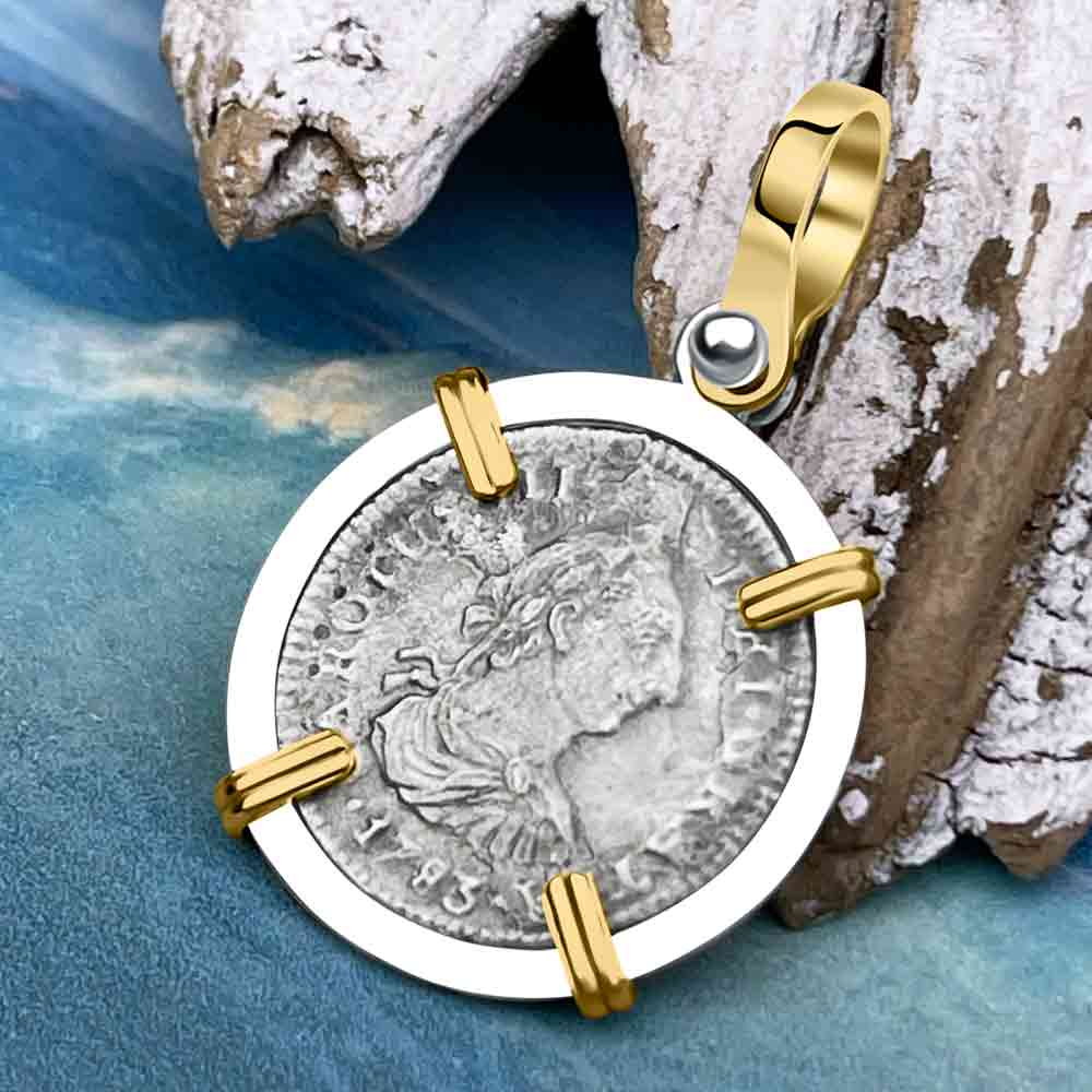 El Cazador Shipwreck 1783 1/2 Reale 14K Gold &amp; Sterling Silver Treasure Coin Pendant