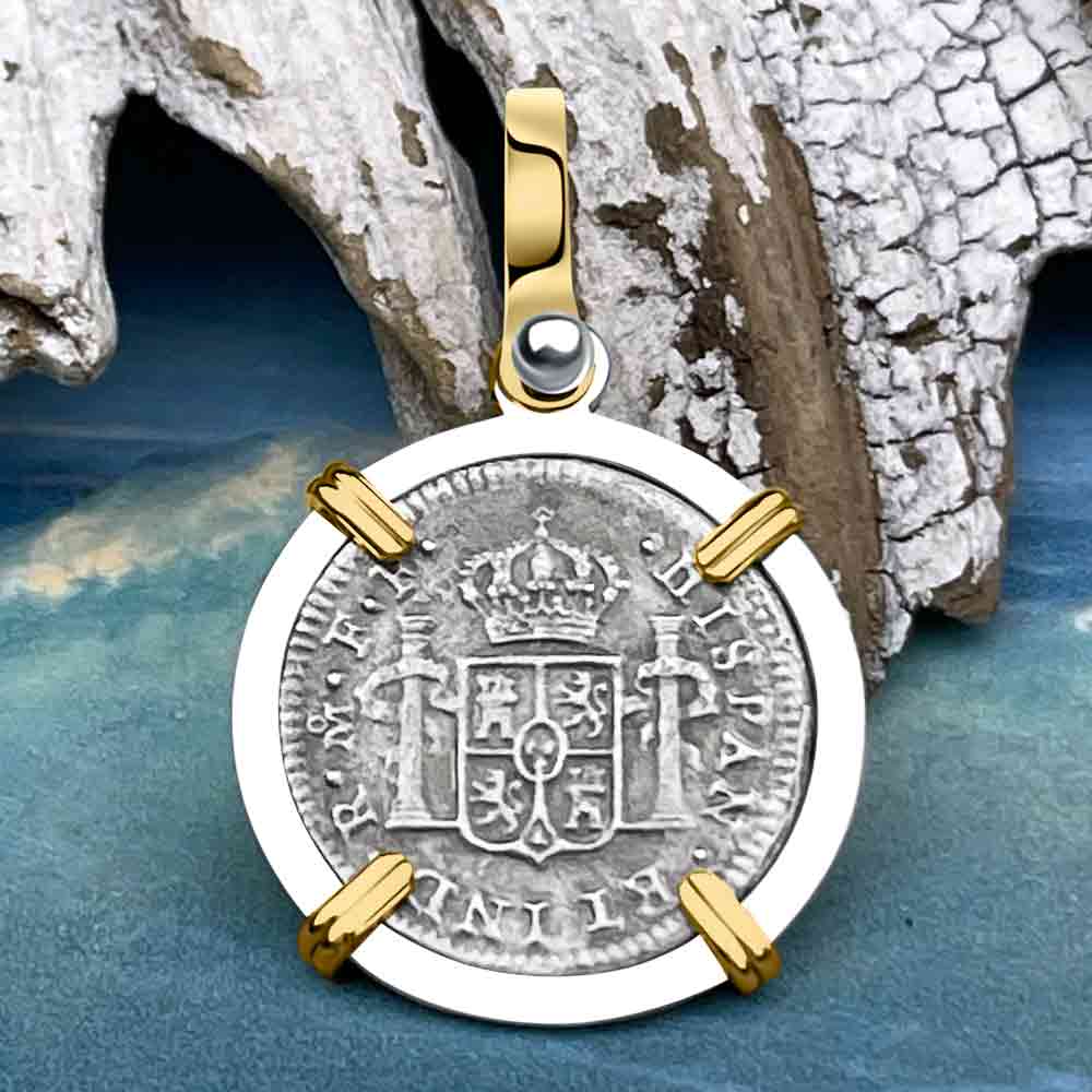 El Cazador Shipwreck 1783 1/2 Reale 14K Gold &amp; Sterling Silver Treasure Coin Pendant