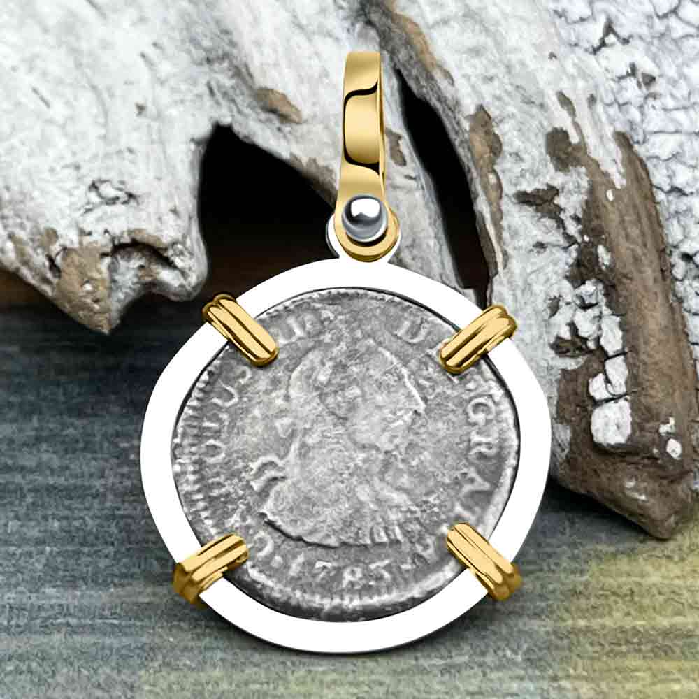 El Cazador Shipwreck 1783 1/2 Reale 14K Gold &amp; Sterling Silver Treasure Coin Pendant