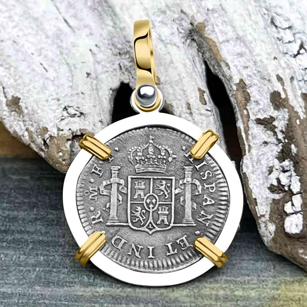 El Cazador Shipwreck 1783 1/2 Reale 14K Gold &amp; Sterling Silver Treasure Coin Pendant