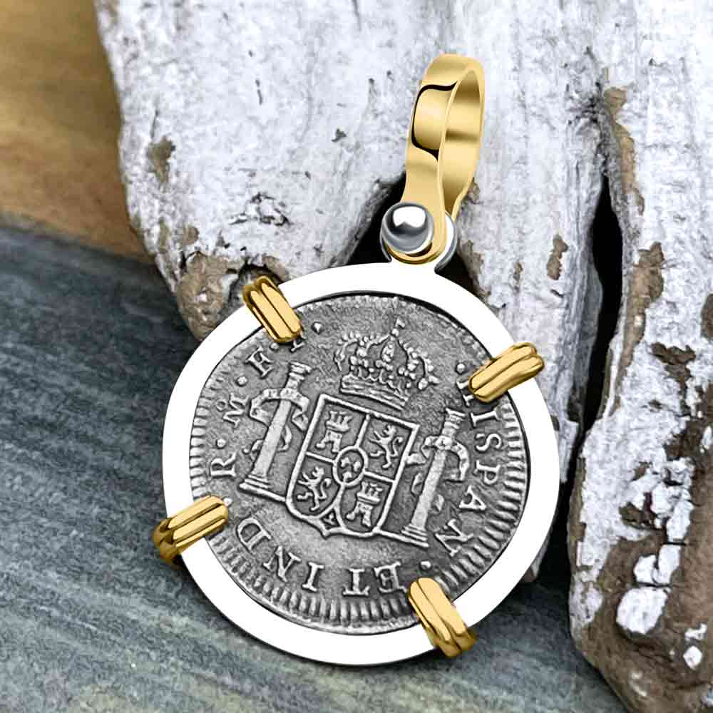 El Cazador Shipwreck 1783 1/2 Reale 14K Gold &amp; Sterling Silver Treasure Coin Pendant