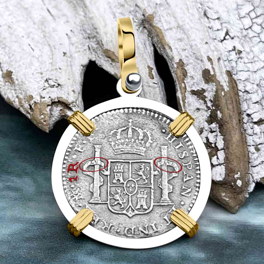 El Cazador Shipwreck 1783 1 Reale 14K Gold & Sterling Silver Treasure Coin Pendant 