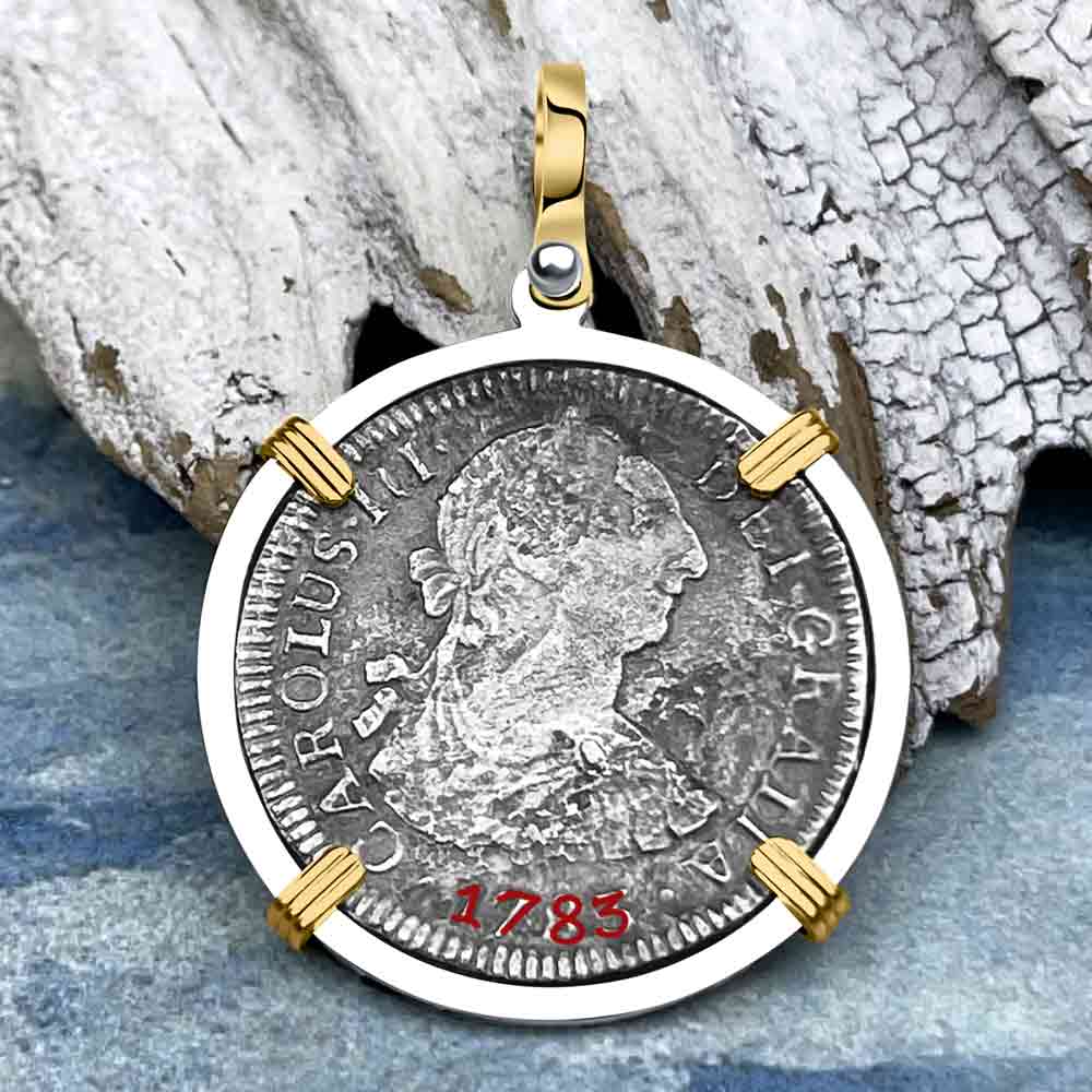 El Cazador Shipwreck 1783 2 Reale &quot;Piece of 8&quot; 14K Gold &amp; Silver Treasure Coin Pendant