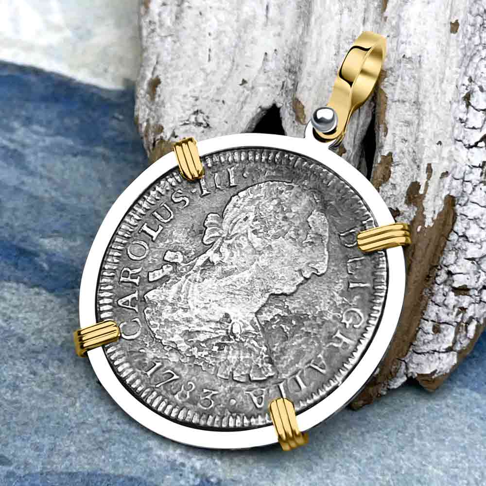 El Cazador Shipwreck 1783 2 Reale &quot;Piece of 8&quot; 14K Gold &amp; Silver Treasure Coin Pendant