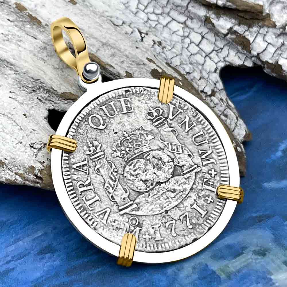 Rare El Cazador Shipwreck 1771 Pillar Dollar 2 Reale 14K Gold and Silver Treasure Coin Pendant