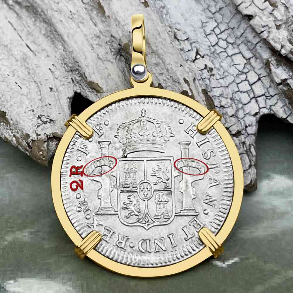 El Cazador Shipwreck 1783 2 Reale "Piece of 8" 14K Gold Treasure Coin Pendant