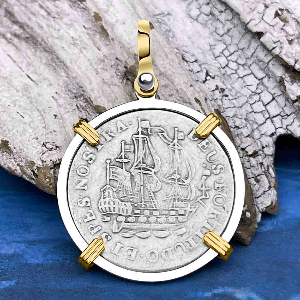 Dutch East India Company 1765 Silver 6 Stuiver Ship Shilling "God is our Refuge" 14K Gold & Sterling Silver Pendant