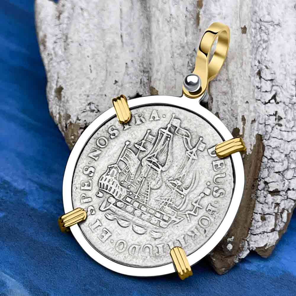 Dutch East India Company 1765 Silver 6 Stuiver Ship Shilling &quot;God is our Refuge&quot; 14K Gold &amp; Sterling Silver Pendant