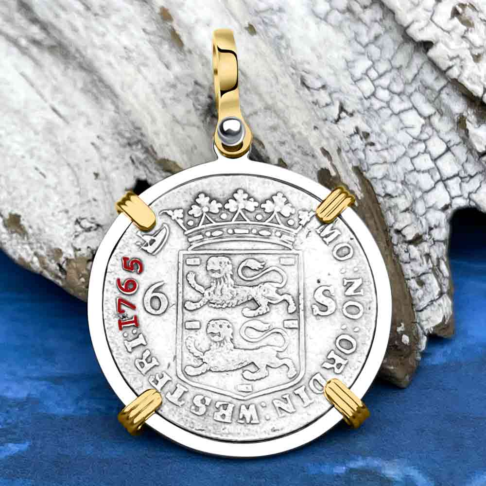 Dutch East India Company 1765 Silver 6 Stuiver Ship Shilling &quot;God is our Refuge&quot; 14K Gold &amp; Sterling Silver Pendant