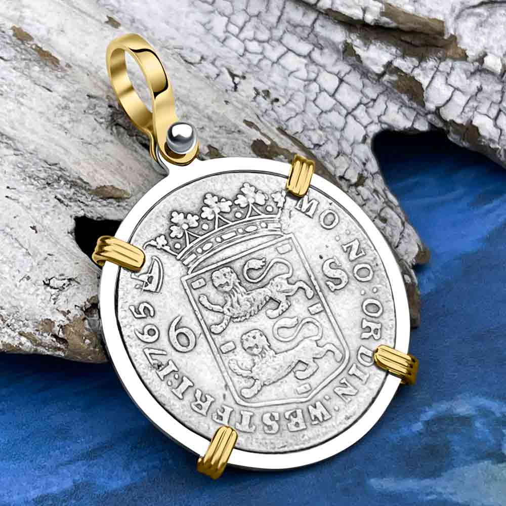 Dutch East India Company 1765 Silver 6 Stuiver Ship Shilling &quot;God is our Refuge&quot; 14K Gold &amp; Sterling Silver Pendant